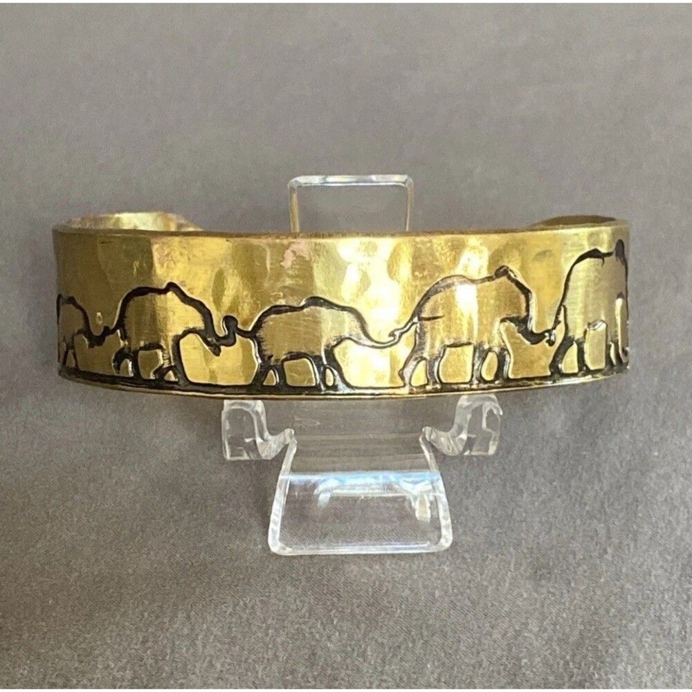 Open Cuff Hammered Brass Tone Bracelet Elephant Caravan Etched Engraved